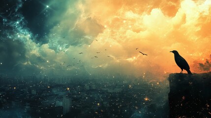 A single crow stands on a cliff overlooking a city with a dramatic sky in the background.