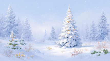 christmas card featuring enchanting winter landscape complete with majestic christmas tree and gentle snowfall