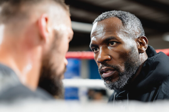 Emotional boxing coach giving instructions to athlete in the ring - Powered by Adobe
