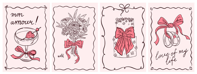 Wedding posters in hand drawn chalk style. Save the Date. Vintage Italian inspired elements for invitations, cards, menus, and parties. Vector ink doodle sketches in a minimalist, coquettish style.