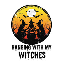 Vector art of three witches stir a cauldron under a full moon with bats flying around them