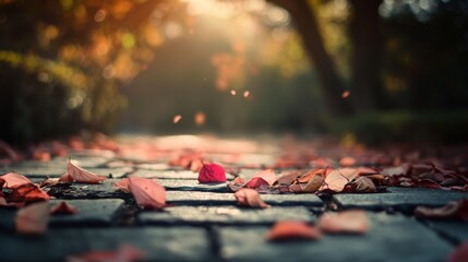 A single red leaf lies on a stone path in a park covered in fallen leaves, with the warm sunlight shining through the trees in the background.