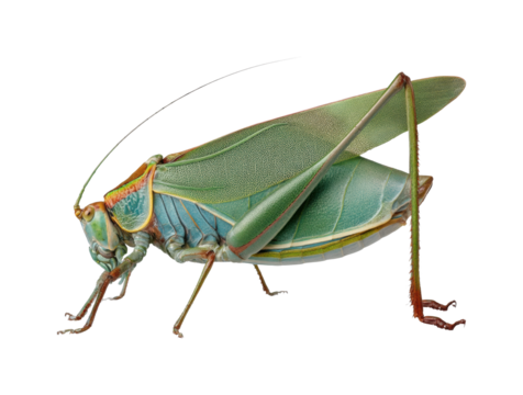 Grasshopper in mid-air action nature habitat detailed insect portrait view isolated on transparent background, png