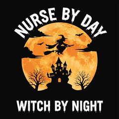 Vector art of nurse by day, witch by night, depicted with a haunted house and full moon