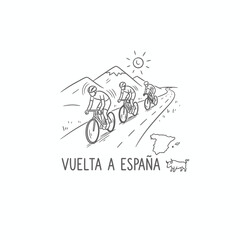 Three cyclists race through a Spanish mountain landscape, a sun shines above, representing the Vuelta a Espa&ntilde;a cycling tour.