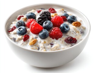 Bowl of oatmeal topped with fresh berries and nuts