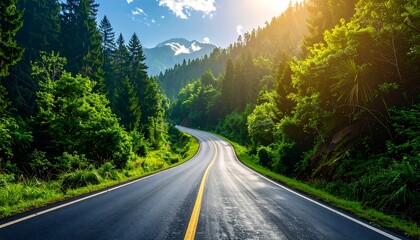 Scenic road winding through lush green forest under bright sunlight.