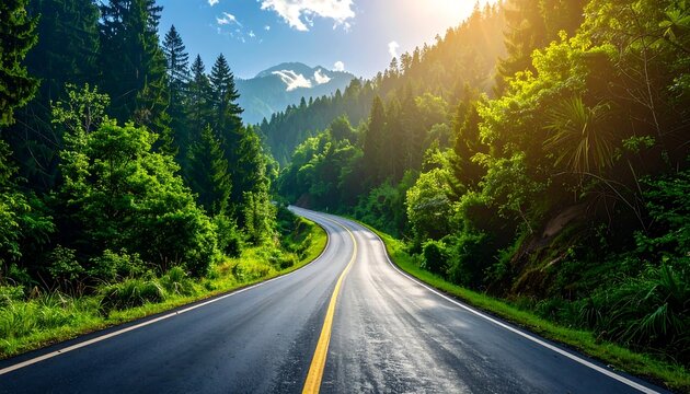 Scenic road winding through lush green forest under bright sunlight. - Powered by Adobe