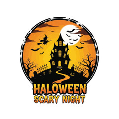 Vector art of a spooky haunted house with a witch flying under a full moon on halloween night