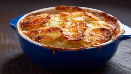 Delicious gratin dish showcasing layers of crispy potatoes, bubbling cheese, and a rich golden crust in a blue ceramic dish - Powered by Adobe