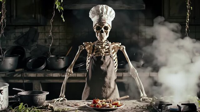 A skeleton wearing a chef's hat and apron stands in a smoky kitchen with a plate of food.