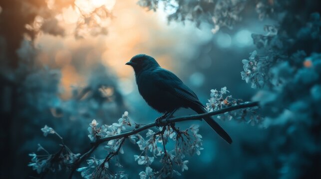A small black bird perched on a branch of a blooming tree, with a soft, warm glow behind it. - Powered by Adobe