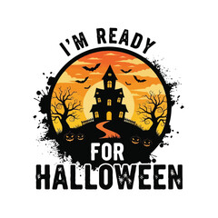 Vector art of spooky haunted house with bats and pumpkins under a full moon