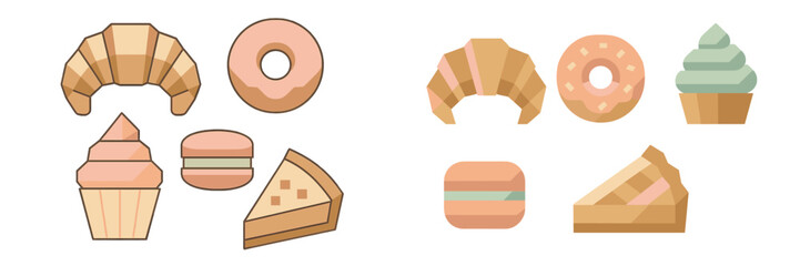 Collection of stylized baked goods and sweet desserts including croissants, donuts, cupcakes, macarons, and pie slices in a modern flat design