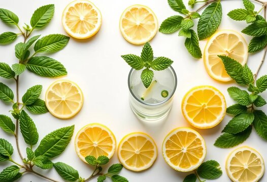 Refreshing mojito lemonade flatlay Sliced lemons & mint leaves on a white background with ample copy space, infused water, closeup