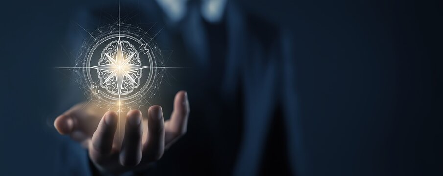 AI ethics and moral compass A professional presents a glowing brain icon with an embedded compass, symbolizing ethical alignment and responsible technology.