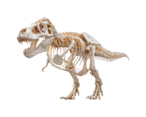 Fossil display of t-rex skeleton natural history museum educational exhibit isolated on transparent background, png