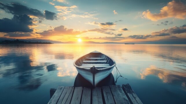 A small white boat sits on a wooden dock in the middle of a calm lake at sunset. The sky is filled with colorful clouds and the sun is setting in the distance.