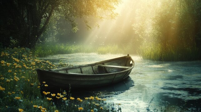 A small wooden boat sits on a still lake in a lush forest at sunrise. The morning light shines through the trees, creating a magical atmosphere. - Powered by Adobe