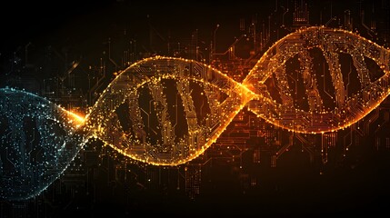 Glowing digital DNA helix in blue and orange light
