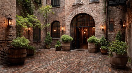 Naklejka premium Brick courtyard with archway entrance and plants in barrels under dim light