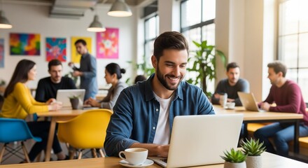 Smiling digital Nomad working in a modern coworking space