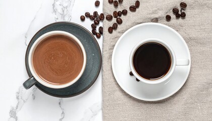 Obraz premium Minimalist flat-lay images of coffee and cacao cups on plain backgrounds (beige, pastel, white, stone). Clean compositions, commercial design style, modern and neutral lifestyle setups. Perfect for ad