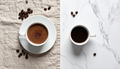 Obraz premium Minimalist flat-lay images of coffee and cacao cups on plain backgrounds (beige, pastel, white, stone). Clean compositions, commercial design style, modern and neutral lifestyle setups. Perfect for ad