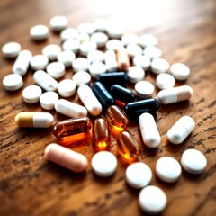 Medicine capsules and tablets arranged neatly on wooden table showing pharmaceutical diversity and healthcare importance in treatment and modern wellness