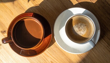 Obraz premium Minimalist flat-lay images of coffee and cacao cups on plain backgrounds (beige, pastel, white, stone). Clean compositions, commercial design style, modern and neutral lifestyle setups. Perfect for ad