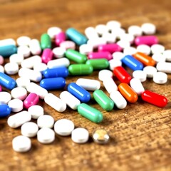 Medicine capsules and tablets arranged neatly on wooden table showing pharmaceutical diversity and healthcare importance in treatment and modern wellness