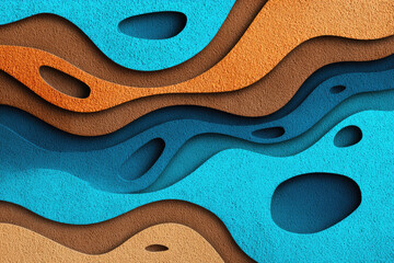 Obraz premium Abstract layered paper cut landscape with blue river, brown land, and textured surface, evoking sense of environmental awareness and creative design in modern style