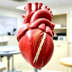 Close up of human heart anatomical model displayed in medical classroom used for healthcare education anatomy research and scientific medical training purposes
