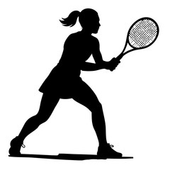Female tennis player preparing to serve on a court silhouette  