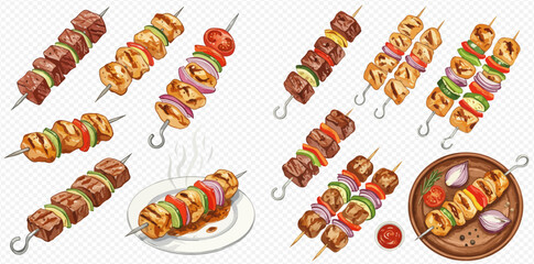 A collection of various grilled meat and vegetable kebabs, some served on a plate with sauce.