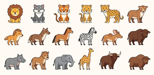 Fototapeta premium Set of cute cartoon wild animals including lion, wolf, tiger, leopard, zebra, elephant, giraffe, bison, and more.