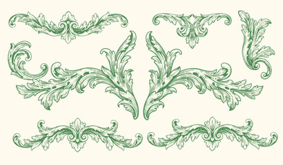 Set vector of Vintage Baroque Victorian border, frame , corners ornamental. Hand drawn floral leaf scroll filigree engraved retro flower pattern decorative design isolated
