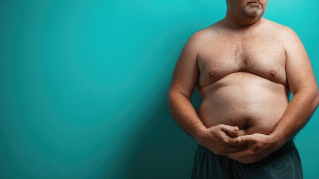Fat man standing shirtless against turquoise background, natural physique. Big stomach, body positivity. Self-acceptance, societal standards. Health wellness, positivity. Problem obesity, overweight.