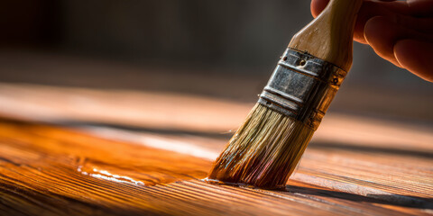 applying shellac over stian in wood table with a brush. AI generative.