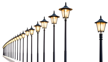 Row of glowing streetlights against clear sky isolated PNG with Transparent Background
