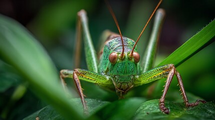 Fototapeta premium Bright green grasshopper peers through leaves, sharp focus on face and antennae