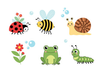 Obraz premium Cute cartoon bugs and garden friends illustration set for childrens designs