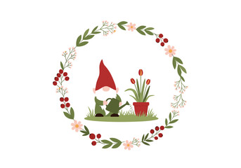 Whimsical gnome tending to blooming tulips surrounded by a delightful floral wreath celebrating springtime garden enchantment and outdoor joy