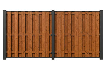 Wooden privacy fence panel with vertical boards and metal posts isolated on a transparent background
