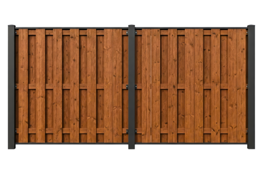 Wooden privacy fence panel with vertical boards and metal posts isolated on a transparent background