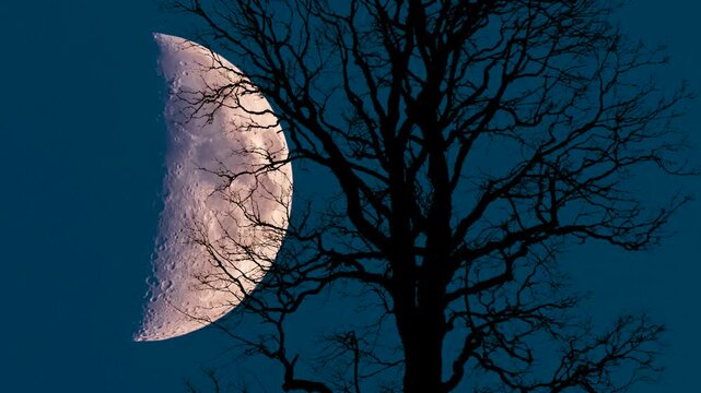 Zeitraffer vom Mond am Abendhimmel hinter einem Baum - FOTOMONTAGE