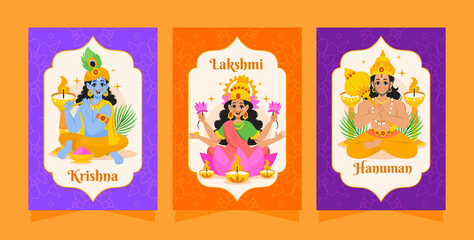 Flat Colorful Illustrations of Hindu Gods and Traditions Vertical Cards