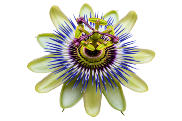 Close-up of single exotic passion flower in full bloom isolated on a transparent background