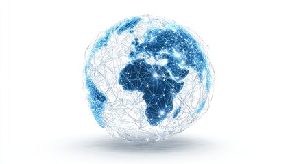 Global network sphere, Earth connected by a transparent web.  A 3D model of the Earth, continents and countries are visible, overlaid with a network of translucent lines connecting various points