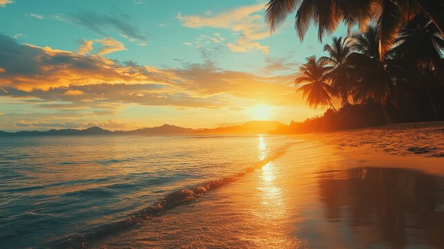A vibrant sunset paints the sky over a pristine tropical beach, with palm trees silhouetted against the fiery hues and the ocean reflecting the golden light.